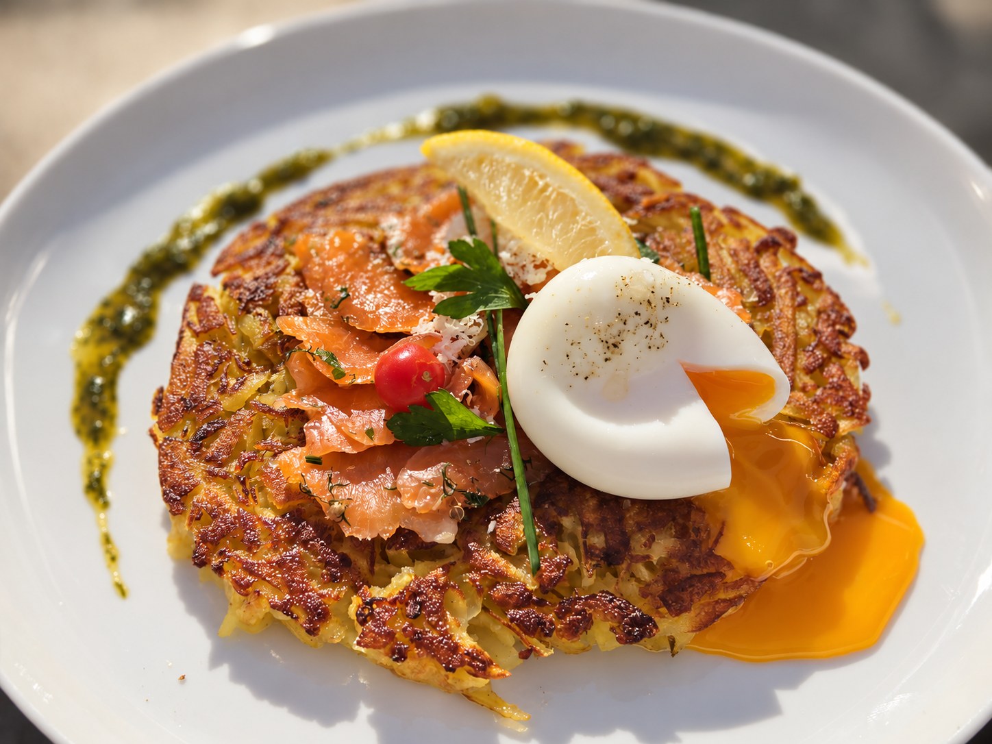 Unser Rösti mit Lachsforelle und pochiertem Ei