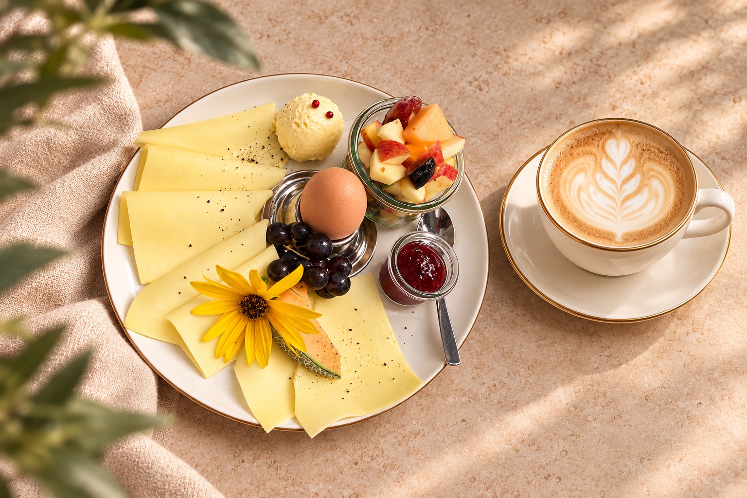 Frühstücksteller mit Käse, Ei und Obst neben einem Cappuccino